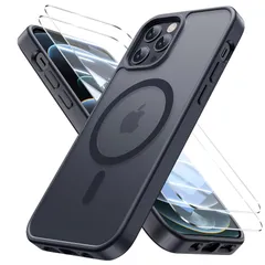 ◎iPhone 12/ iPhone 12 Pro 用 ケース【強化フィルム2枚付き】Magsafe対応・米軍規格 いphone12 ケース 半透明 耐衝撃 指紋防止 滑り止め マグネット搭載 ワイヤレス充電 耐久性 全面保護  6.1インチ用，ブラック