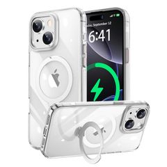 ◎ iPhone 15 용 케이스 magsafe 대응 무선 충전 자기 링 마그넷 탑재 정점 360도 회전 스탠드 내충격 내구성 황변 방지 미끄럼 방지 낙하 보호 상처 방지 휴대 케이스 아이폰 15 용 커버 (클리어, iPhone 15 용)