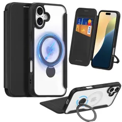 ◎iPhone 16 用 ケース 手帳型 カード収納 MagSafe対応 リング付き 360°回転スタンド 縦横両対応 いphone16 スマホケース レザー素材 軽い 薄型 耐衝撃 全面保護 アイフォン16 携帯カバー マグセーフ対応 おしゃれ ブラック
