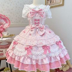 【即納】ロリータドレスセット JSK ピンク×ホワイト リボン フリル 甘ロリ 即納】ロリータドレスセット JSK ピンク×ホワイト リボン フリル 甘