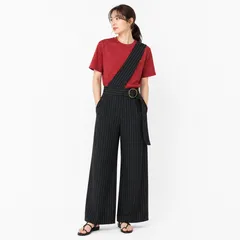 MURUA ムルーア ワンショルダー サスペンダーパンツ ストライプ ワイドパンツ 黒 サイズ2 ストレッチパンツのサムネイル