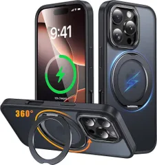 Gunwon iPhone 16 Pro用ケース、MagSafe対応、ワイヤレス充電、360°回転スタンド、縦横両対応、米国軍事規格準拠、耐落下性、半透明、マット仕上げ、MagSafe対応