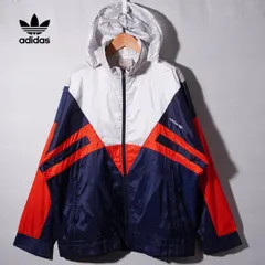 90s アディダス adidas ナイロンジャケット 白タグ L ネイビー  ホワイト レッド ヴィンテージ Vintage ストリート オーバーサイズ ビッグシルエット ロゴ刺繍 スポーツ 古着 K107