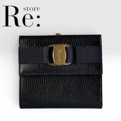 【美品】サルヴァトーレ フェラガモ Salvatore Ferragamo ヴァラリボン がま口 二つ折り財布 リザード型押し レザー ブラック 黒 ゴールド金具 ウォレットのサムネイル