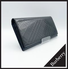 BURBERRY（バーバリー）】エナメルレザー チェック型押し 長財布 黒 