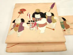 平和屋着物●アンティーク　大正ロマン　九寸名古屋帯　総手刺繍　童子　正絹　逸品　CABF6331dy