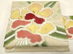 平和屋着物●アンティーク　大正ロマン　九寸名古屋帯　駒刺繍　草花文　金銀糸　正絹　逸品　CABF6332dy