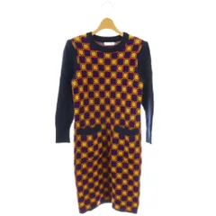 イヴサンローラン YVES SAINT LAURENT ヴィンテージ ニット ワンピース ひざ丈 ウール 長袖 総柄 M 紺 ネイビー マスタード マルチカラー /ES ■GY40