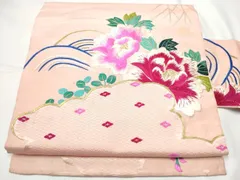 平和屋着物●アンティーク　大正ロマン　九寸名古屋帯　総手刺繍　流水花文　金糸　正絹　逸品　CABF8648hy
