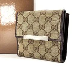 【静寂に滲む気品】　GUCCI　二つ折り財布 GGキャンバス シルバープレート Wホック 10カード コンパクトウォレット　ブラウン