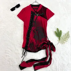 H.NAOTO H.ANARCHYISM FOR PLUS エイチナオト 半袖 カットソー チャイナ デザイン 漢字 ウエストリボン レッド×ブラック レディースのサムネイル