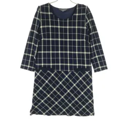 美品 Laura Ashley ローラアシュレイ チェック柄 長袖 膝丈ワンピース 11 ネイビー レディース 古着