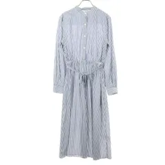 Maker's Shirt KAMAKURA メーカーズシャツカマクラ ストライプ 長袖 ノーカラー ウエストゴム コットン 膝丈ワンピース M ブルー レディース 古着のサムネイル