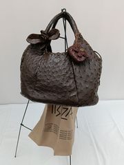 IBIZAブラウンオーストリッチハンドバッグ ローズモチーフ - メルカリ