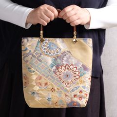 帯リメイク バンブーハンドルバッグ ハンドメイド 蝶 花 唐織 箔 狂言