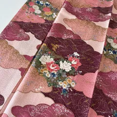 小紋 正絹 雲取り 素敵な染めの花草 袷 着物 MK-7582