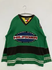 TOMMY JEANS トミージーンズ Tシャツ/カットソー L グリーン 前面プリント ブランドロゴ ライン柄 ミドル丈 長袖 Vネック