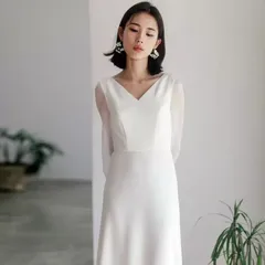 ウェディングドレス 二次会 花嫁 結婚式 Aライン 長袖 シンプル ウエディングドレス 安い 白 ブライダル 披露宴 発表会 前撮り お呼ばれ フォーマルドレス