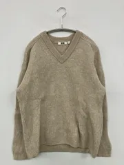 UNIQLO U ユニクロユー ニット/セーター L ベージュ ウール・ニット 無地 ミドル丈 長袖 Vネック