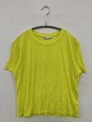 ZARA ザラ Tシャツ/カットソー USA L ライトグリーン 無地 ショート丈 半袖 クルーネック(丸首)