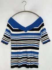 AZUL by MOUSSY アズールバイマウジー ニット/セーター S ブルー コットン リネン・麻 ナイロン ボーダー柄 ショート丈 半袖 Vネック オフショルダー