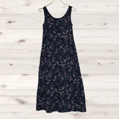 A1621 ユニクロ UNIQLO ロングワンピース ノースリーブ(M) ネイビー 花 総柄 綿 Uネック ノーカラー