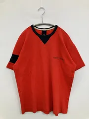 TOMMY JEANS トミージーンズ Tシャツ/カットソー M レッド ワンポイント ブランドロゴ ミドル丈 半袖 Vネック