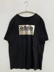 adidas アディダス Tシャツ/カットソー L ブラック 前面プリント ブランドロゴ ミドル丈 半袖 クルーネック(丸首)
