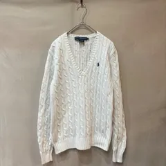 RALPH LAUREN SPORT ラルフローレンスポーツ コットン ケーブル Vネック ニット プルオーバー ホワイト S レディース USED
