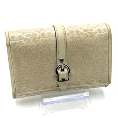 コーチ COACH シグネチャー 二つ折り財布 お札入れ L字ファスナー 男女兼用 ベージュ レザー