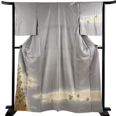 訪問着 身丈161cm 裄丈64cm M 袷 落款 鶴 松 金彩 ぼかし 灰色 正絹 優品 【中古】のサムネイル