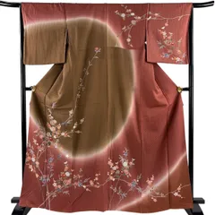 訪問着 身丈164.5cm 裄丈65.5cm M 袷 菊 枝梅 染め分け ぼかし 赤茶 正絹 秀品 【中古】のサムネイル