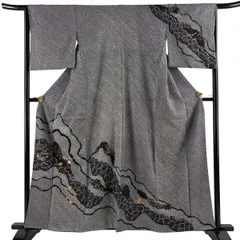 訪問着 身丈159.5cm 裄丈66cm M 袷 草花 青海波 刺繍 絞り 黒 正絹 秀品 【中古】のサムネイル
