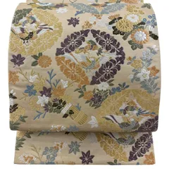 袋帯 秀品 花器 向かい鳥 金糸 ベージュ 六通 正絹 【中古】