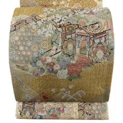 【美品】 袋帯 秀品 花苑御車文 金糸 箔 金色 六通 正絹 【中古】