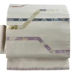 名古屋帯 秀品 草花 鱗 灰白 正絹 【中古】