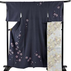 訪問着 身丈163cm 裄丈67.5cm L 袷 草花 流水 総絞り 黒 正絹 秀品