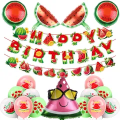 【在庫セール】誕生日 飾り付け 風船 スイカテーマ バルーン パーティーデコレーション セット Happy Birthday ガーランド バナー付き 女の子 子供 男の子 誕生日・夏祭り用 ピンク&グリーン