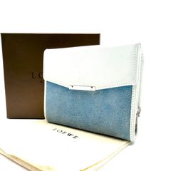 【良品】LOEWE ロエベ 折り財布 アナグラム ヴィンテージ ホワイト ライトブルー レザー スエード 男女兼用 ユニセックス 箱付き