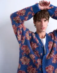トップマン メンズ アウター カーディガン リラックスフィット フラワー柄 ニット フラワー Topman relaxed fit floral knit cardigan NAVY ネイビーのサムネイル
