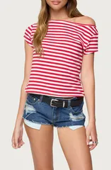 アディクテッド レディース トップス シャツ コットン EDIKTED Aretha Stripe Off the Shoulder Stretch Cotton Top Red レッド