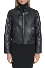 コールハーン レディース アウター ジャケット・ブルゾン レザー Cole Haan Stand Collar Leather Bomber Jacket Black ブラックのサムネイル