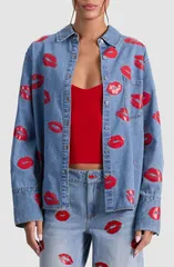 アリス アンド オリビア レディース アウター ジャケット・ブルゾン プリント シャツ デニム Alice Olivia Kiss Print Denim Shirt Jacket Denver Brのサムネイル