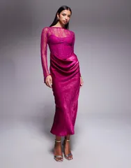 エイソス レディース トップス ワンピース ハイネック ドレープ オーバーレイ ベルベット スカート レース マキシ ASOS DESIGN lace long sleeved high neck maxi dress with velvet drape ov