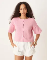 エイソス レディース アウター カーディガン ニット ASOS DESIGN knit short sleeve cardigan pink ピンクのサムネイル