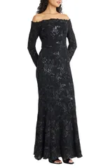 マギーロンドン レディース トップス ワンピース Maggy London Embellished Off the Shoulder Long Sleeve Gown Black ブラック
