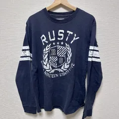 (^w^)b RUSTY ラスティ 七分 長袖カットソー ロンT NINETEEN ロングスリーブ クルーネック ロゴプリント エンブレム柄 袖ストライプ EIGHTY 紺 ネイビー 白 ホワイト メンズ サイズ L OM12044HGのサムネイル
