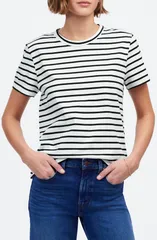 メイドウェル レディース トップス Tシャツ クルーネック コットン Madewell Perfect Stripe Cotton Crewneck TShirt Black White Stripeのサムネイル