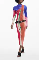 デジグアル レディース トップス ワンピース モックネック ミディ Desigual Mock Neck Long Sleeve Midi Dress Pink Multi ピンク