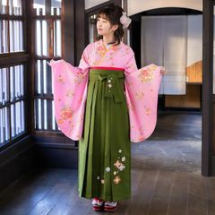 特価！袴セット 卒業袴 裄68㎝ 袴95㎝ 中古 ピンク 緑 卒業式 H-226 